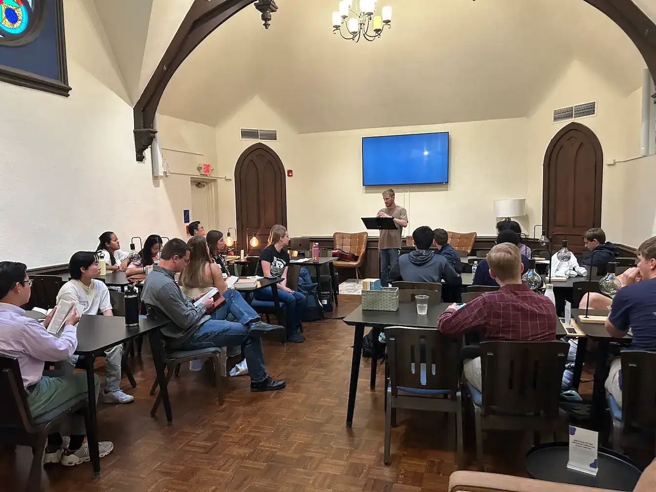 Students listening to a message presented by Eric